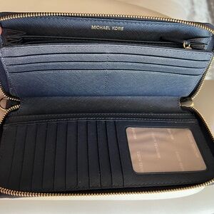 Michael Kors Navy Zip Wallet with Gold Logo